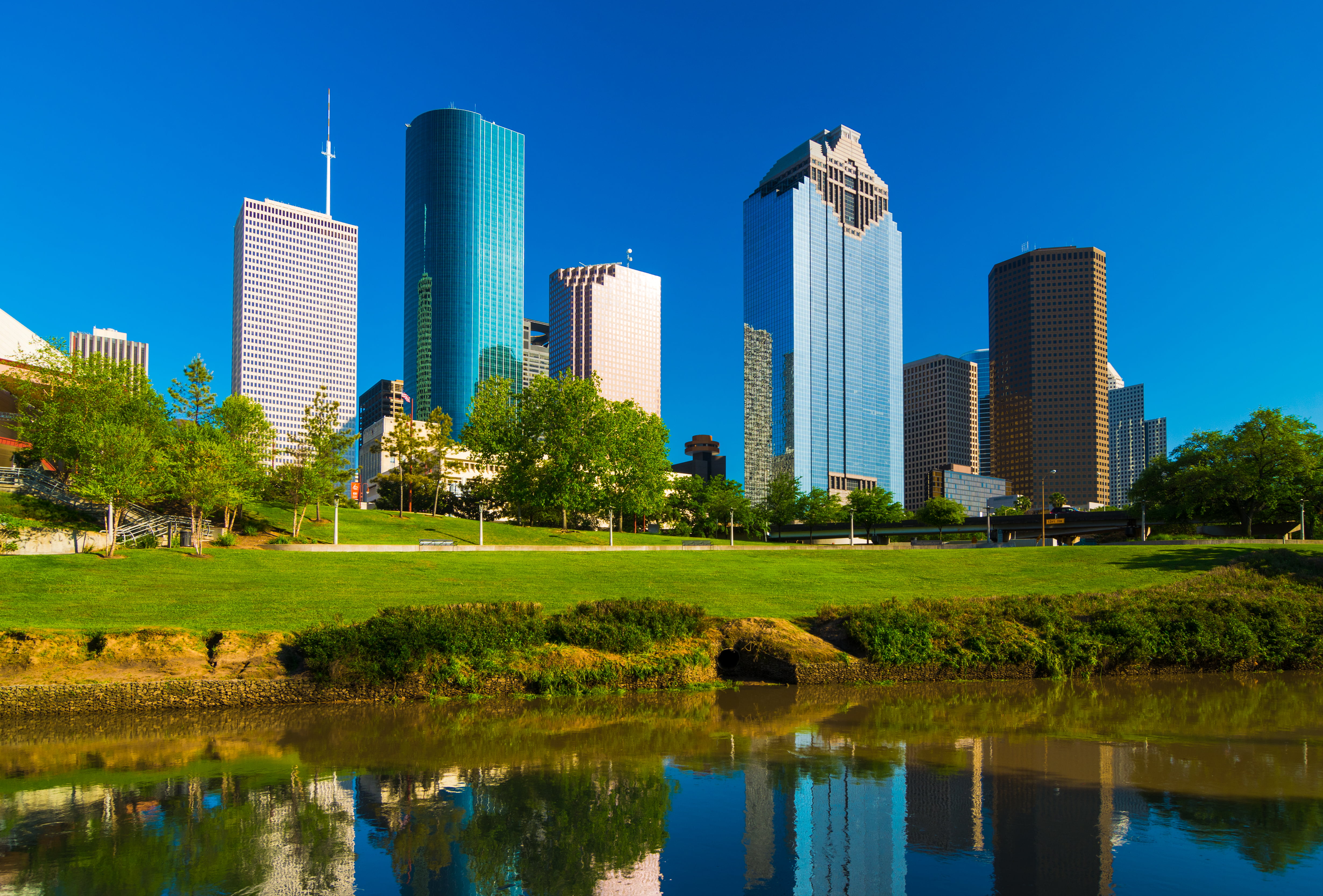 Houston skyscrapers with Buffalo Bayou river